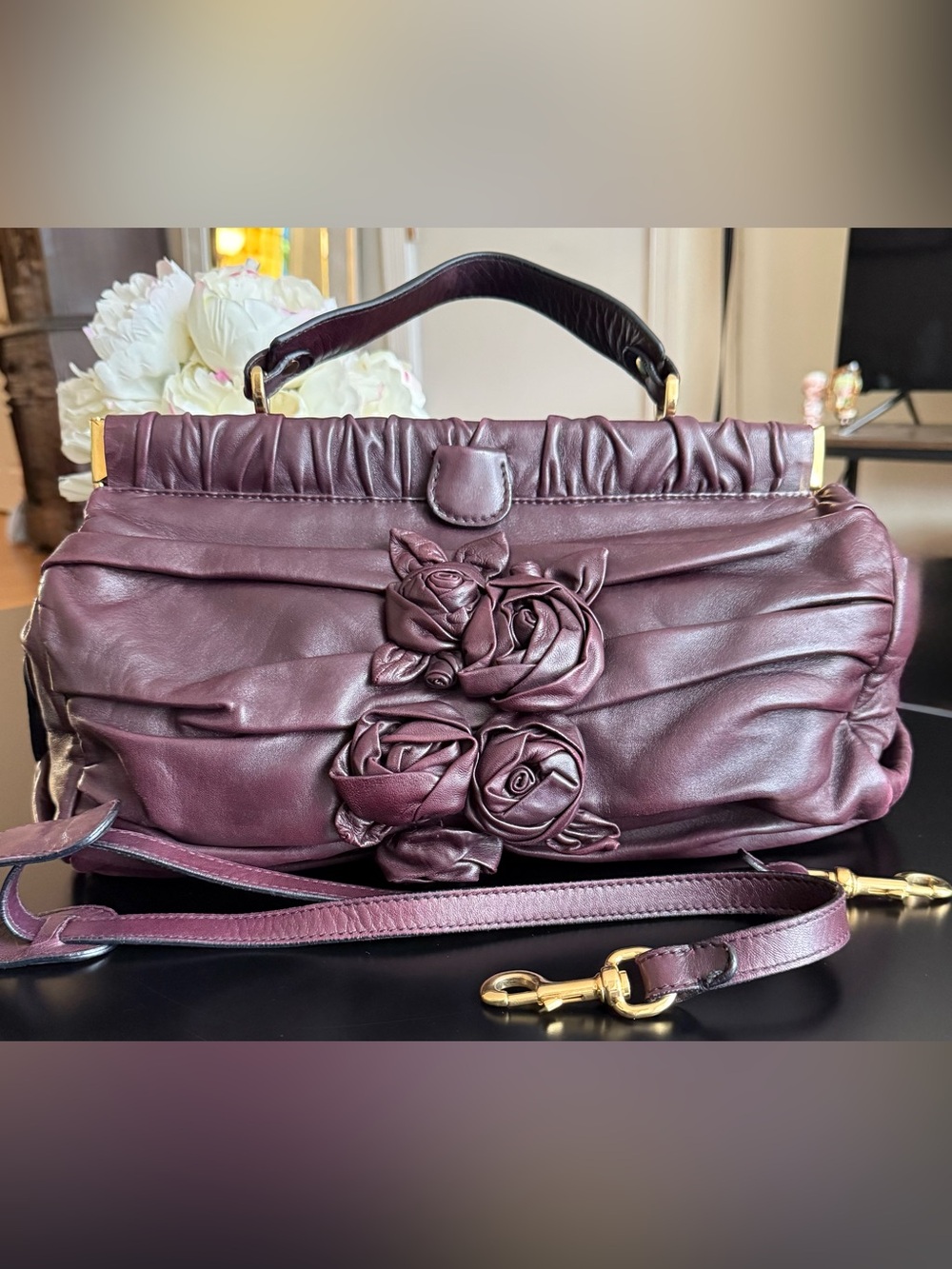 Valentino Garavani Leather Shoulder bag with Floral Appliqué  Plum